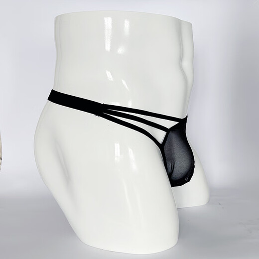 Men's elastic thong transparent sexy mesh underwear hollow underwear gay sexy suit hollow strap 1 black