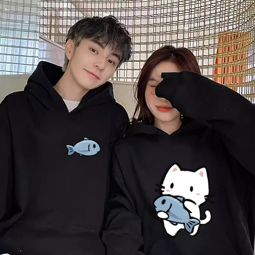 MDlila <Two-piece> Couple's Sweatshirt Autumn and Winter Suit Red One Man and One Woman Loose Hooded Jacket Fish-Eating Cat Male Black + Female Black (Spring and Autumn Style) XL Male + Female M