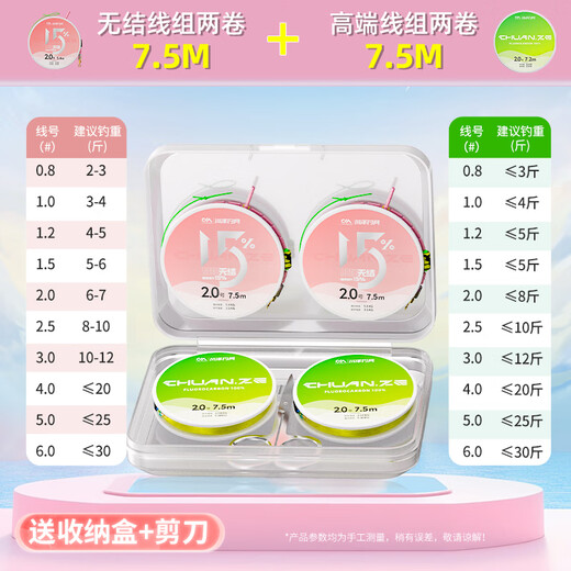 Kawasawa strengthened knotless high-end line product set imported fishing line main line tied with super strong tension competitive fishing line 7.5 meters knotless line set 2 rolls + high-end line set 2 rolls No. 2.0