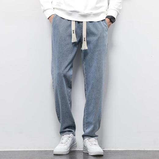 Jeanswest jeans men's 2025 spring and summer new loose straight versatile Harun elastic waist men's casual long pants men light blue XL