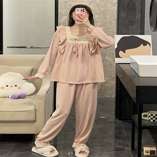 Huinubi Princess Style Langarm Pyjamas Frauen Frühling und Herbst reines Baumwoll 2023 Neuer rosa Spitze Herbst und Winter Home Clothing 9904# Pink (doppelte Länge) [S] 45 xl 120-140jin [Jin gleich 0,5 kg]