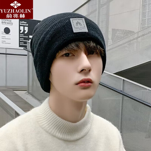 Yu Zhaolin men's hat plus velvet knitted hat autumn and winter warm woolen hat unisex versatile thickened velvet comfortable woolen hat knitted headband black one size