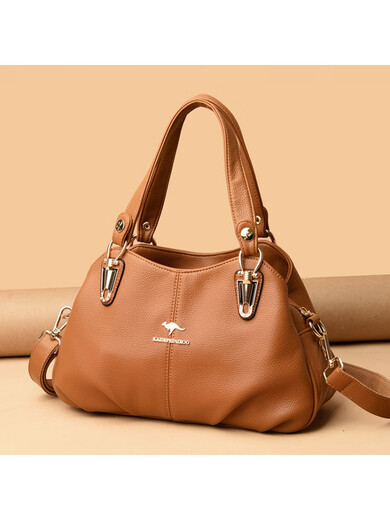 Kuqi Kangaroo genuine leather crossbody bag for women, soft leather middle-aged mother bag, women's casual handbag, mother-in-law bag, shoulder bag, women's bag, yellow brown