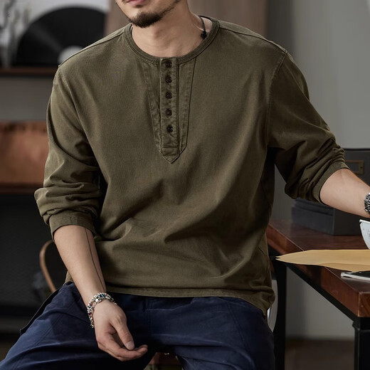 Hou Teng American Henley Collar Long Sleeve T-Shirt Men's Loose 2025 Autumn Undershirt Men's Retro Casual Top Men Mocha Brown XL (140-155Jin Jin equals 0.5kg)