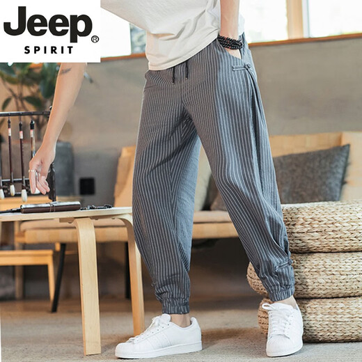 JEEP SPIRIT吉普亚麻裤男夏季薄款九分裤宽松束脚哈伦裤中国风男裤条纹棉麻裤 MK983黑色 L (115-135斤)