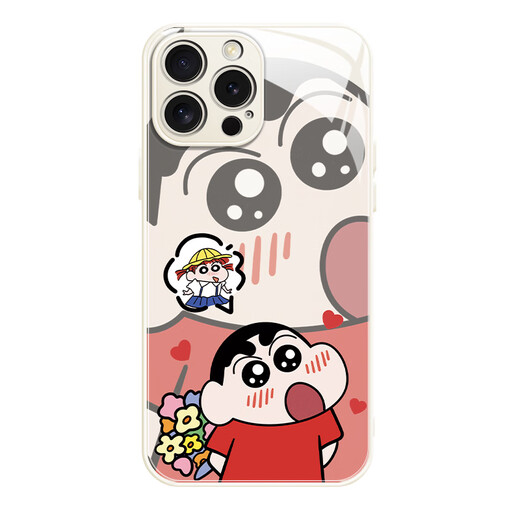 New flower-delivery crayons Shin-Xin Apple phone case tempered glass hard shell silicone soft edge anti-fall full cover cute cartoon flower Nini suitable for couples protective shell [glass texture black] Nini-BL1585Y Huawei/Honor/Xiaomi/Redmi/OPPO/VIVO Contact customer service
