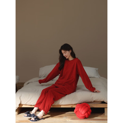 美家臣【加厚加绒】睡衣女款秋冬季珊瑚绒保暖红色简约条纹法兰绒家居服 女款-R7374 XL