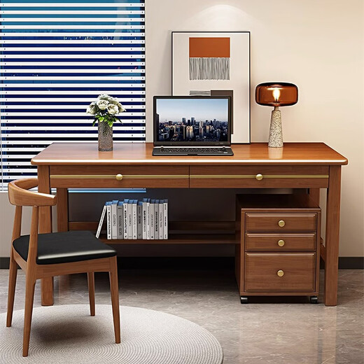 Quanyou solid wood desk simple study desk light luxury office computer desk new Chinese style home bedroom student study table walnut color single table 140*60*80cm