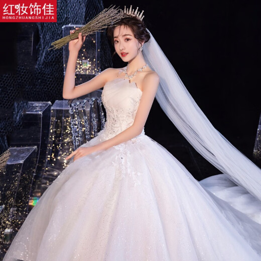 Red makeup Jiaqing wedding dress 2021 new bride super fairy starry sky trailing tube top main wedding dress simple light champagne floor M
