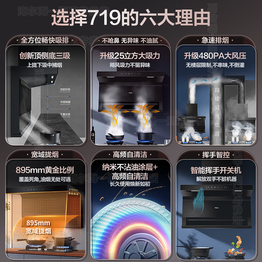 海尔（Haier）EC719UD家用抽油烟机25立方大吸力不沾油 高频自清洁 挥手智控 手机智控一级能效 厨房烟灶套装 【单烟机国补】25立方一级能效大吸力EC719UD