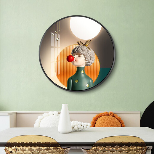 Villa round crystal porcelain painting bedroom decoration painting modern simple abstract cartoon characters children's room hanging painting room bedside painting 13886 Young girl [default black frame] High-transparent crystal porcelain surface diameter 50