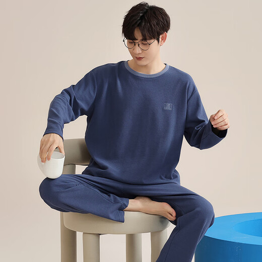 Langsha men's pajamas men's spring and autumn cotton long sleeves can be worn on the outside round neck pullover home clothes loose and simple two-piece set