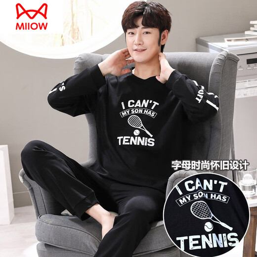 猫人（MiiOW）睡衣男春秋季纯棉长袖青少年学生全棉大码休闲夏季薄款家居服套装 Q6625网球黑 男款3XL码【175-195斤】