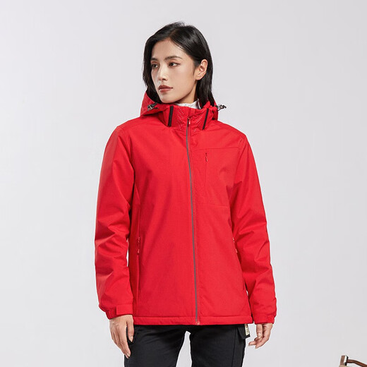 西域骆驼（VANCAMEL）加绒风衣外套男女韩版防风保暖单层软壳冲锋衣工装风夹克文艺上衣 9930S中国红-女【纯色】 L