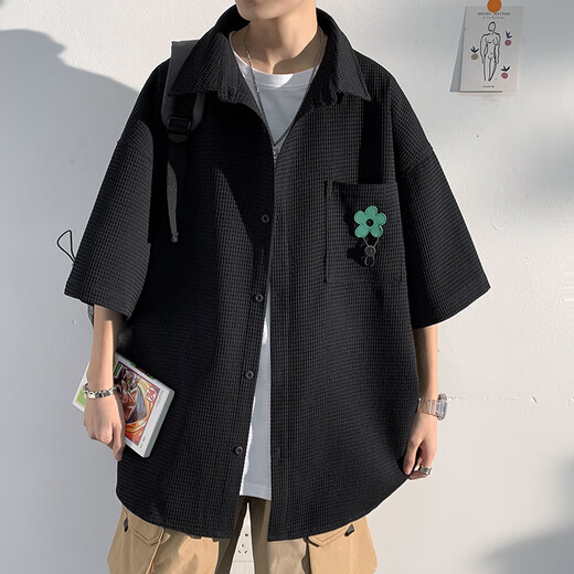 
YOOOURTHING24 summer new high-end casual waffle quarter-sleeved shirt men Hong Kong style brand large size loose shirt men C829 black 4XL recommendation (185-205Jin [Jin equals 0.5 kg])
