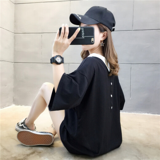 Langyue women's summer Korean style loose POLO collar dress short-sleeved T-shirt female students medium and long fashion casual bottoming shirt top LWTD202106 black L