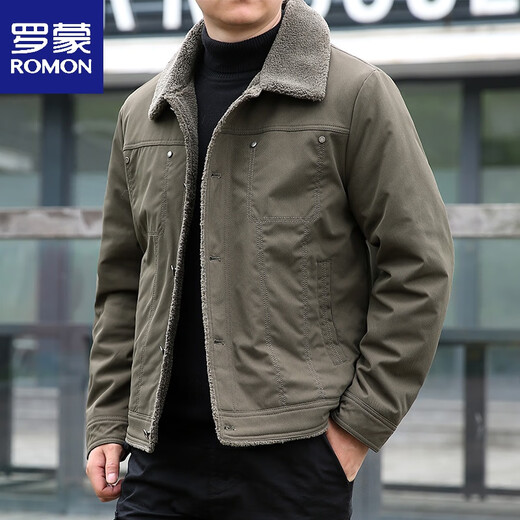 ROMON sherpa jacket men's 2025 winter plus velvet thickened loose large size warm tops men's trendy work jacket military green thickened 2XL