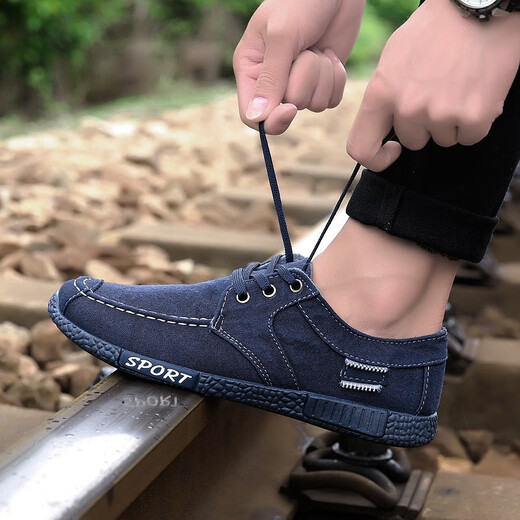 纶戛老北京布鞋男秋季透气休闲男鞋潮流手工帆布鞋百搭懒人一脚蹬板鞋 MD-611蓝色 39