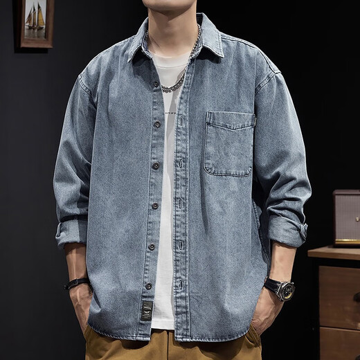 Lomon denim shirt men's autumn outdoor heavy work jacket spring and autumn American blue wear-resistant solid color top men Z757 blue 2XL