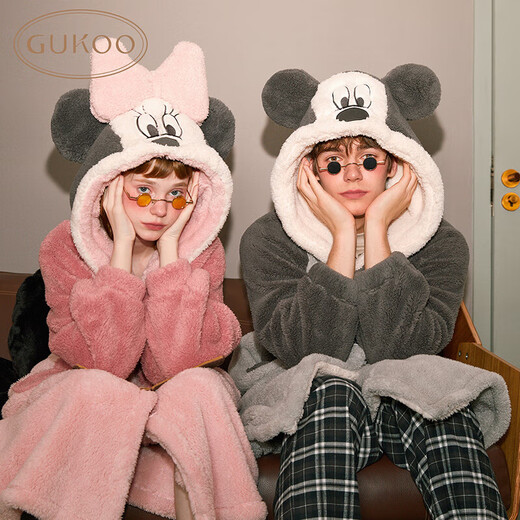 Gukoo Couple Pajamas Winter Plush Women's Home Clothes Warm Hooded Cartoon Pajamas Men's Minnie Paradise Pink Pajamas XL
