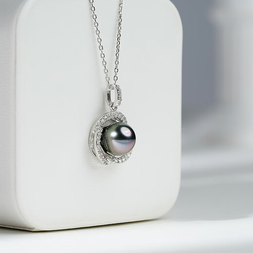 Tahitian black pearl pendant S925 silver high-gloss seawater pearl necklace neck gift for girlfriend and mother B grade/black pearl 9-10mm+925 silver chain