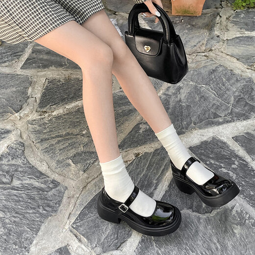 斤慕复古玛丽珍鞋厚底显瘦百搭小个子皮鞋2025春夏高跟学院风制服jk鞋 黑色 6.5CM（偏大一码） 36