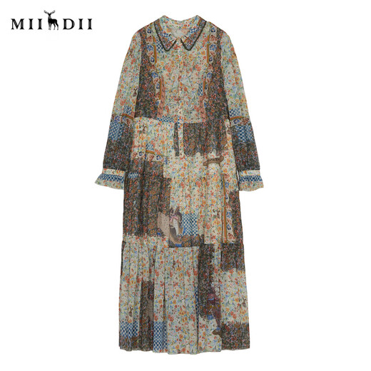 Antwort auf das Geheimnis, langärmeliges Kleid für Frauen, 2024 Herbst Neues Produkt Retro-Hemdstil Romantischer langer Rock 243ml1105 braune grüne Blumen L.