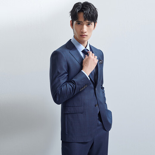 Announcement Bird Suit Men's Suit Summer Business Casual Men's Notched Lapel Dark Plaid Suit and Trouser Suit for Men Dark Space Blue Inlaid Brown Hidden Plaid 46 A(170/92) /Please note waist or trousers