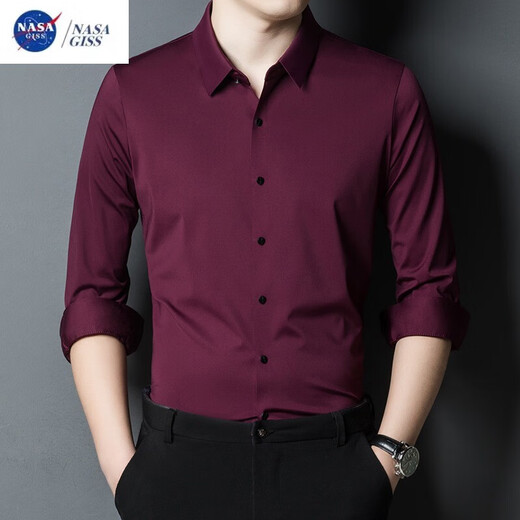 NASA GISS Middle-aged Father-in-law Dad wear attending son's wedding dress wedding banquet plus velvet warm and non-iron long-sleeved shirt men's burgundy 165/M 90-115Jin [Jin equals 0.5 kg]