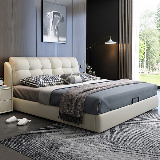 Baiguan Global Bed Leather Bed Bedroom Double Bed Modern Simple Master Bedroom Marriage Bed Solid Wood Soft Back High Box Leather Bed Furniture Bed+Bedside Table*2+Latex Mattress Frame Structure 1800mm*2000mm