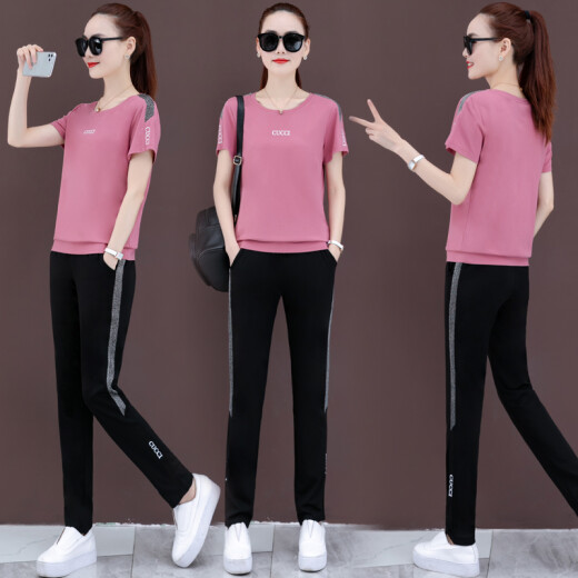Wei Ni 2020 Summer Women's Sports Suit Fashion Short-Sleeved Casual Women's Age-Reducing Clothes Two-piece Set zx1AF01-766 Black XXL