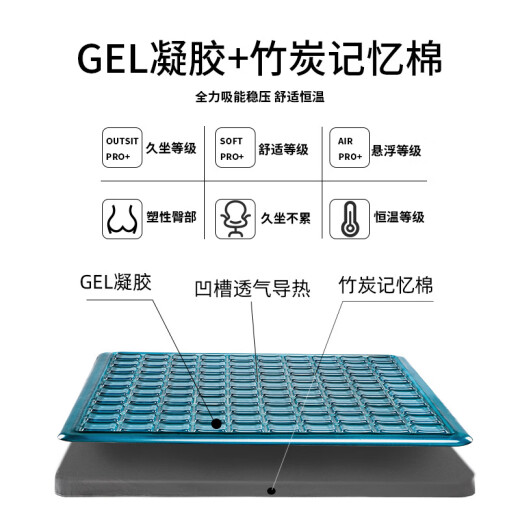 适用于坐垫 夏季办公室记忆棉清凉硅胶汽车座椅凉垫 凝胶坐垫 竹炭凝胶银灰套 6296款40*40*2.5cm