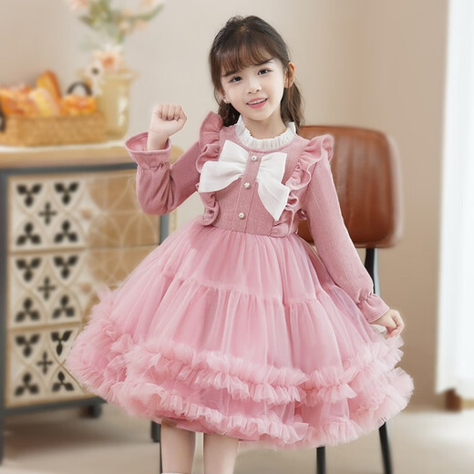 Anneyol girls dress spring and autumn skirt 2025 new children's style autumn dress little girl dress red princess dress pink velvet 120