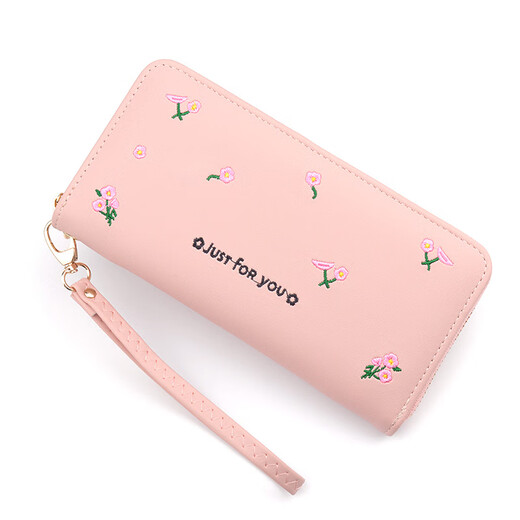 Portefeuille féminin simple en tissu long Zipper à la mode portefeuille brodé 2024 European et américain de grande capacité en cuir souple maintient le sac de téléphone mobile rose