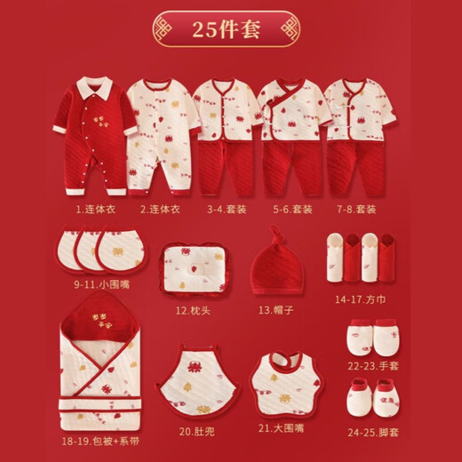 Pengyou Baby Gift Box Set Autumn and Winter Thin Newborn Clothes Pure Cotton Baby Newborn Baby Bag Full Moon Meeting Gift 25-piece Set Year-End Safe Red Four Seasons 59cm (recommended for 0-3 months)