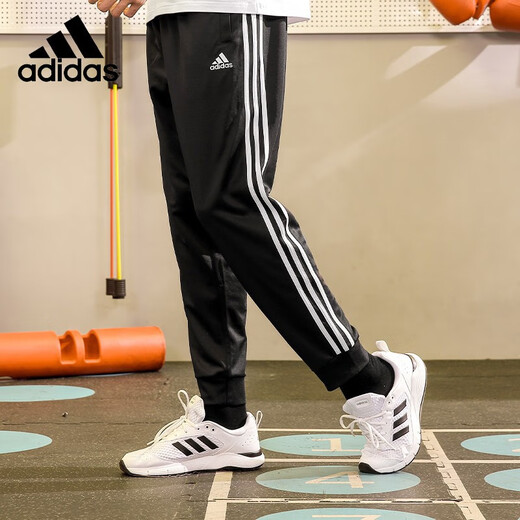 adidas 阿迪达斯运动裤束脚裤宽松直筒裤经典三条纹休闲裤健身运动长裤 【透气款】黑白-直筒裤  L 推荐:175-180cm