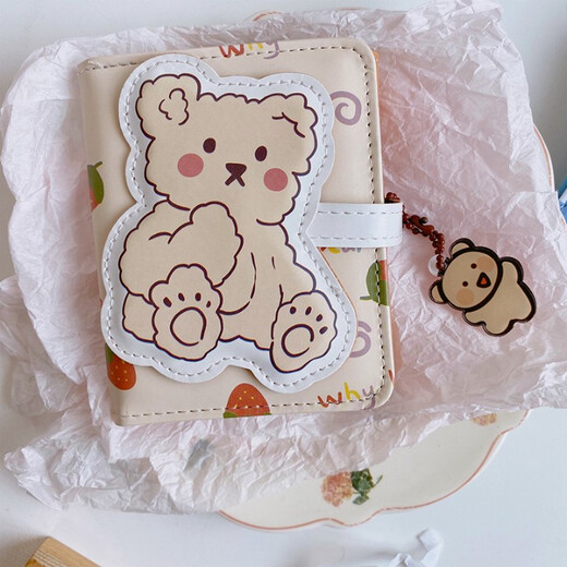 Shuguoer coréen ins simple petit dessin animé mignon ours de fraise courte portefeuille étudiante pliante pli pU sac de carte tripolaire blanc + ours pendentif