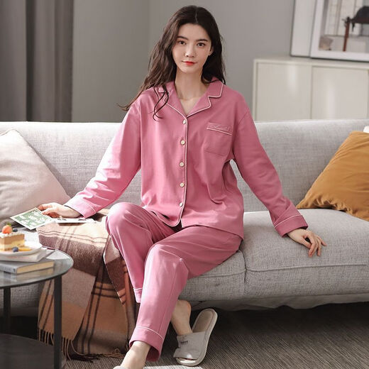 莫代尔长袖睡衣女春秋季棉款大码宽松年新款休闲家居服纯色套装 12808 M (80-100斤)