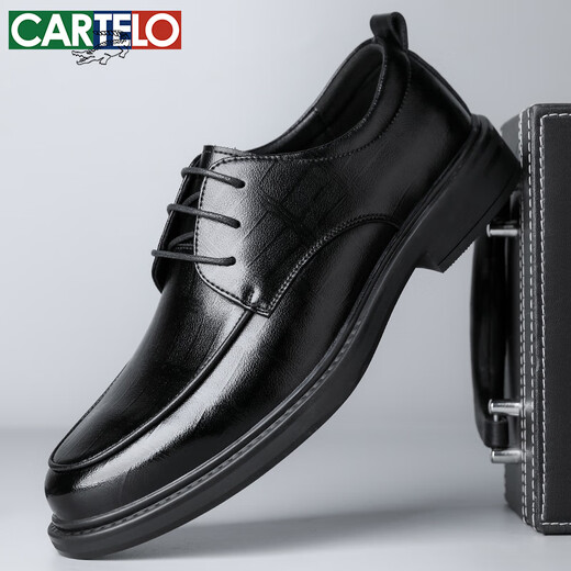 卡帝乐鳄鱼（CARTELO）纹男士皮鞋耐磨软牛皮休闲皮鞋男商务圆头厚底男鞋9671 黑色 41