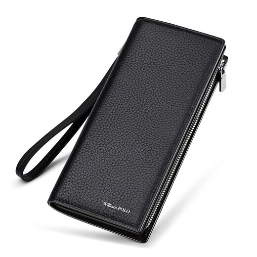 Williampolo King Paul Münzbriefbeutel Männer Langer Reißverschluss Echtes Leder Brieftasche große Kapazität Multi-Seife Mobile Handy kleine Handtasche Schwarzes Litschier Muster Englisch Standard 16 Karten inklusive Handband