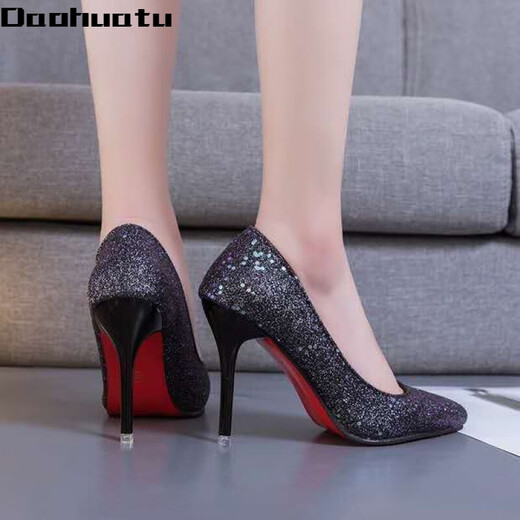 Daohuatu size 35-45 large size high-heeled shoes 44 sequin single shoes reverse channeling men's transvestite shoes 43 stiletto heel big-foot women's shoes 42 105 suede black 10 cm 45