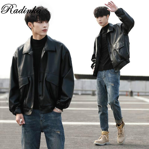 Radinka2026 new autumn and winter trendy loose imitation leather jacket men's motorcycle jacket bomber jacket design street jacket YFF 002 spring and autumn XL