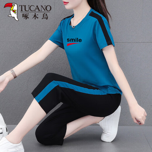 啄木鸟（TUCANO）好棉运动服套装女夏季2024新款中年夏装休闲短袖七分裤两件装 皮红七分裤[687款] M (推荐80-95斤)