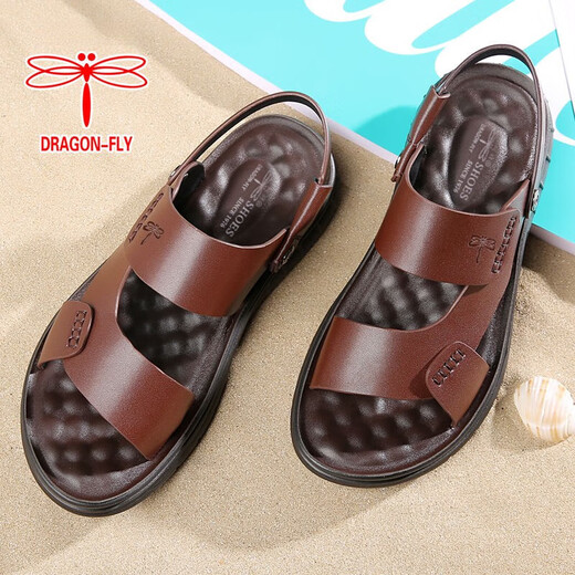 Red Dragonfly; RED DRAGONFLY same style dragonfly brand full cowhide beach shoes sandals sandals men's casual breathable waterproof and non-slip breathable extra size brown 39