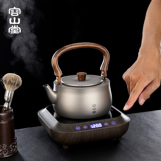 Rongshantang reines Titan Kessel Teekanne Outdoor -Teekanne mit großer Kapazität Teekanne Kochherd Elektro -Topf Health Pot Xuanwu Topf Kleine schwarze Walnussholz Getreide 1050 ml