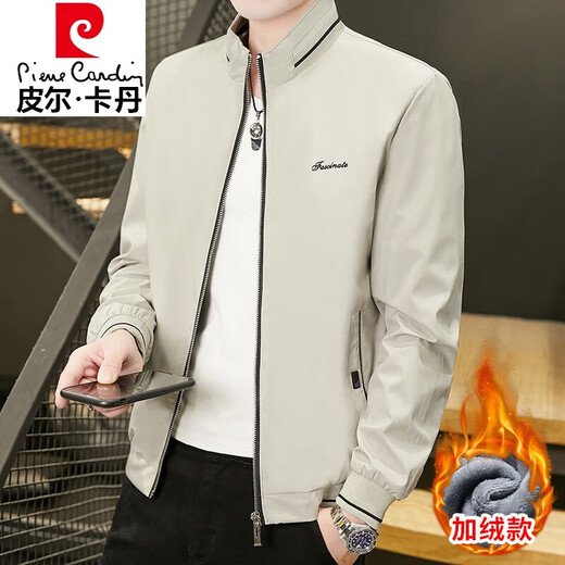 Pierre Cardin high-end jacket men's autumn and winter 2025 new stand-up collar high-end winter tops business casual knitted plus velvet 8215 Khaki 2XL 141-160Jin Jin equals 0.5 kg