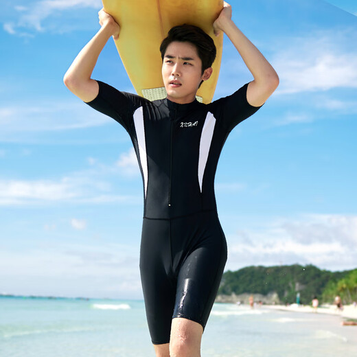 Xuanhai one-piece swimsuit men's full body sun protection quick-drying snorkeling surfing wetsuit large size men's swimsuit suit jellyfish suit black one-piece short-sleeved mid-pants XL