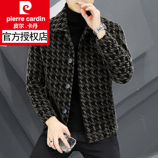Pierre Cardin plaid jacket men's lapel casual autumn and winter thickened woolen jacket men's short style top versatile 8263-grey 2XL