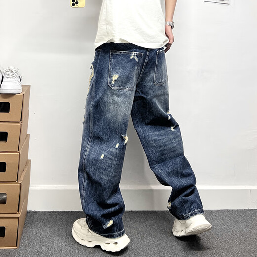 Smyslenny Light Luxury New Brand American High Street Cotton Cotton Jeans Men's Men Wide-leg Lowping Ripped Blue Wash marque Blue_H3892 L_140-155Jin [Jin est égal à 0,5 kg]