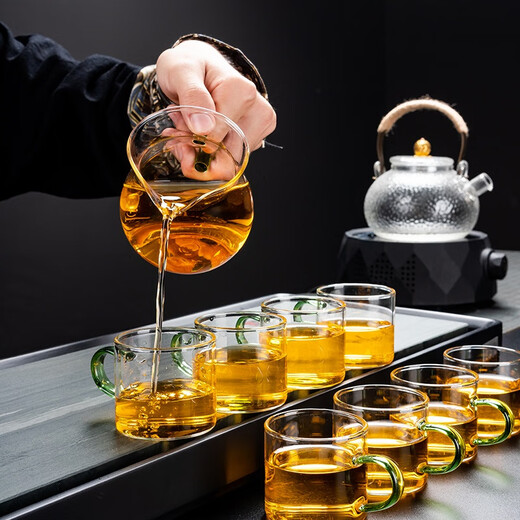 Glass tea set, household complete set of black tea tea set, transparent filter tea maker, thickened heat-resistant simple tea cup, 10-head glass_double-layer cup_covered bowl